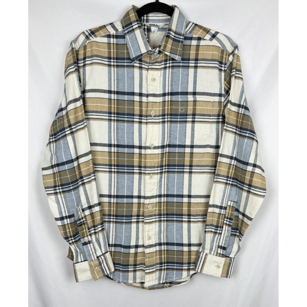 NWT Eddie Bauer Mens S‎ Field Flannel Flex 2.0 Shirt Plaid Button Up Cream Blue